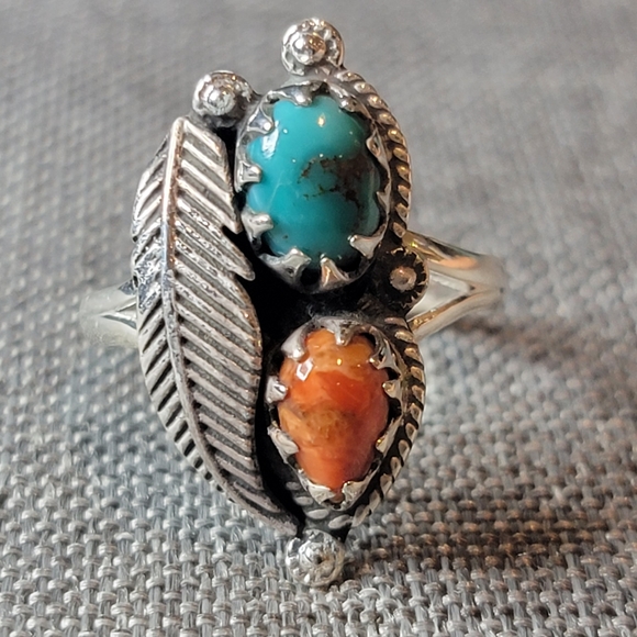 Native Jewelry - Native Red Coral Turquoise Gemstone Ring Size 9 Sterling Silver Boho Jewelry